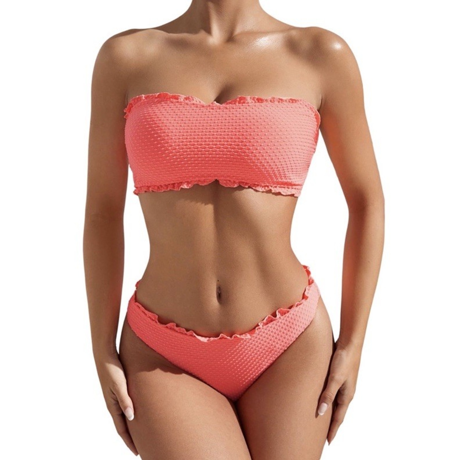 Wdirara Women's L Coral Orange Bikini Textured Strapless Bandeau Top & Bottom